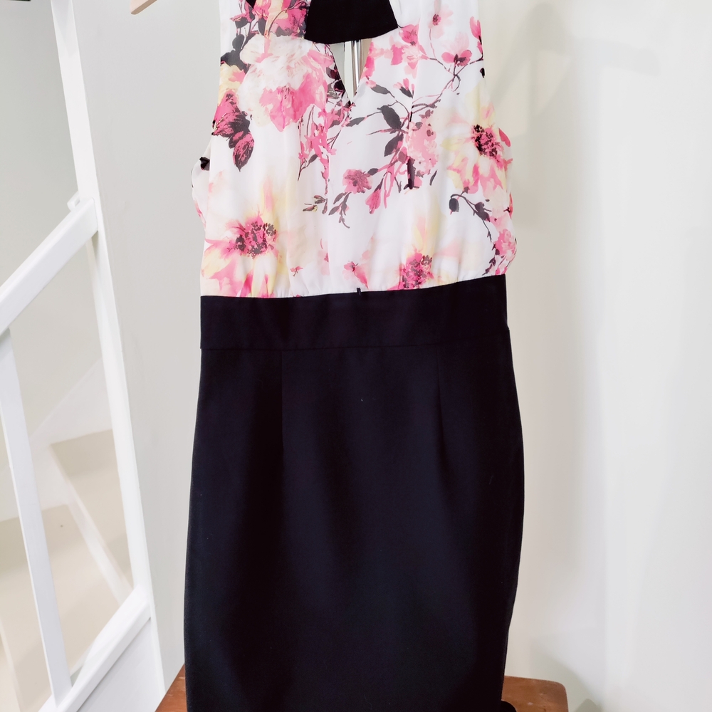 Iz Byer Floral Black and Pink Midi Dress